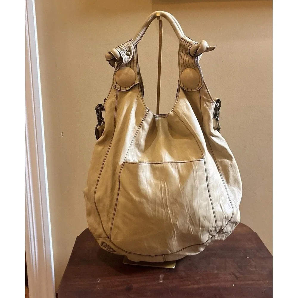 Betsey Johnson Vintage Leather Hobo Tote Bag Beige Studded Boho Shoulder Purse